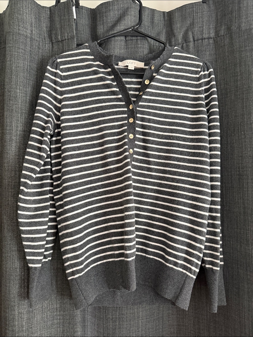 LOFT Charcoal Gray & White Striped Button Henley Sweater